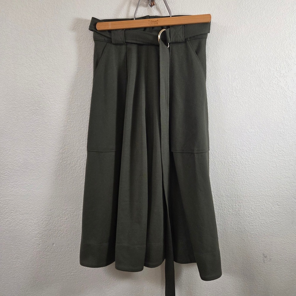 Banana Republic Olive Green Belted Midi Skirt Size 2 A-Line Patch Pockets